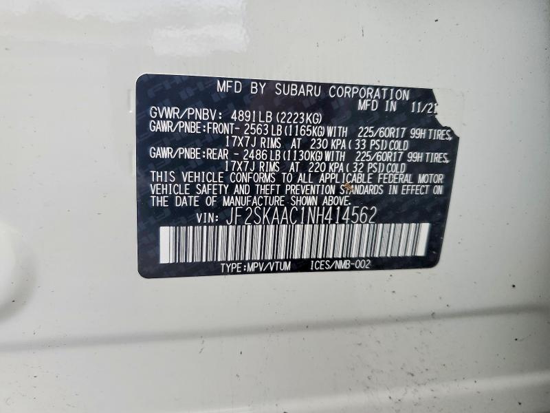 Aukcja sprzedaży 2022 Subaru Forester, vin: JF2SKAAC1NH414562, numer aukcji: 45889496