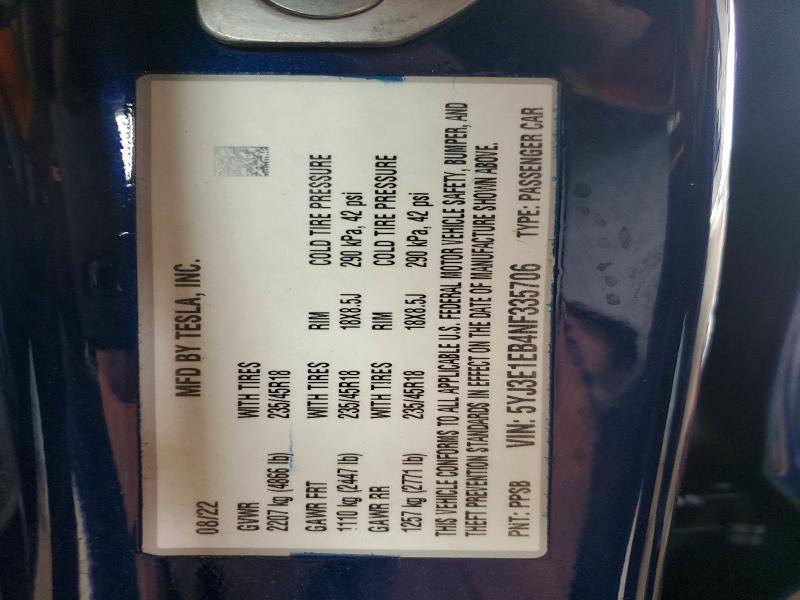 Продаж на аукціоні авто 2022 Tesla Model 3, vin: 5YJ3E1EB4NF335706, номер лоту: 79479995
