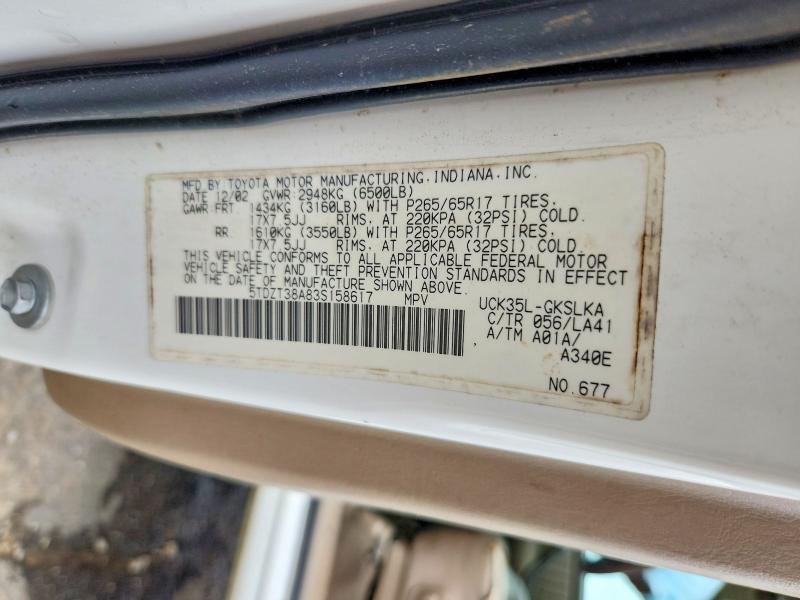 47793706 :رقم المزاد ، 5TDZT38A83S158617 vin ، 2003 Toyota Sequoia مزاد بيع
