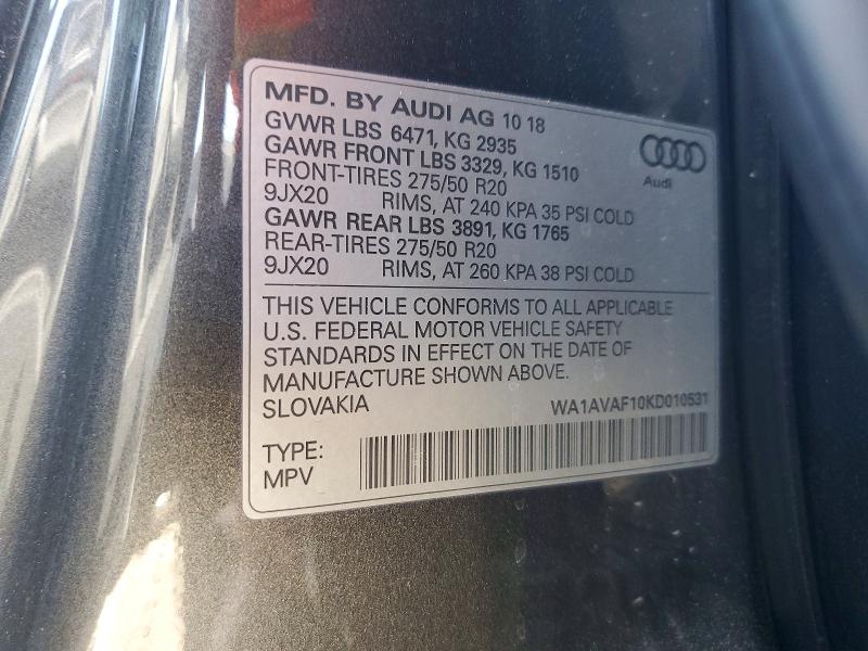Продаж на аукціоні авто 2019 Audi Q8, vin: WA1AVAF10KD010531, номер лоту: 46168406
