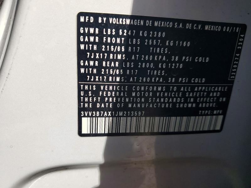 Aukcja sprzedaży 2018 Volkswagen Tiguan, vin: 3VV3B7AX1JM213597, numer aukcji: 78179465