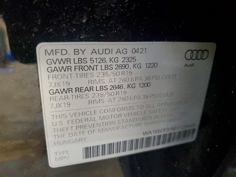 Aukcja sprzedaży 2021 Audi Q3, vin: WA1EECF31M1128445, numer aukcji: 46230096