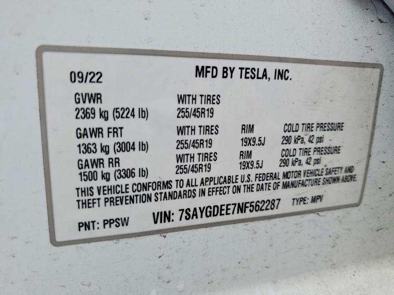 41920226 :رقم المزاد ، 7SAYGDEE7NF562287 vin ، 2022 Tesla Model Y مزاد بيع