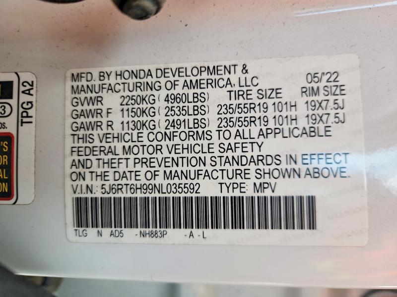 2022 Honda Cr-v მანქანა იყიდება აუქციონზე, vin: 5J6RT6H99NL035592, აუქციონის ნომერი: 79461265