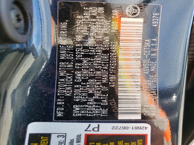 45445326 :رقم المزاد ، 4T1BF1FK6GU264862 vin ، 2016 Toyota Camry مزاد بيع