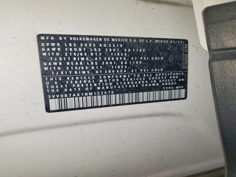 2022 Volkswagen Tiguan მანქანა იყიდება აუქციონზე, vin: 3VV0B7AX1NM122578, აუქციონის ნომერი: 48150916