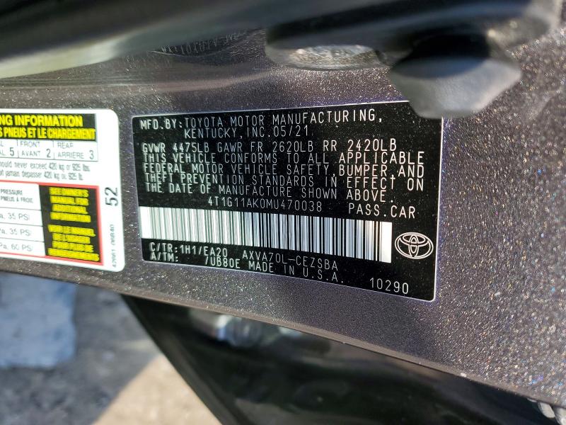 2021 Toyota Camry მანქანა იყიდება აუქციონზე, vin: 4T1G11AK0MU470038, აუქციონის ნომერი: 47448616