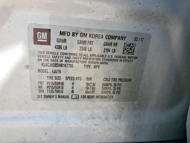 78462795 :رقم المزاد ، KL4CJASB5HB167706 vin ، 2017 Buick Encore مزاد بيع