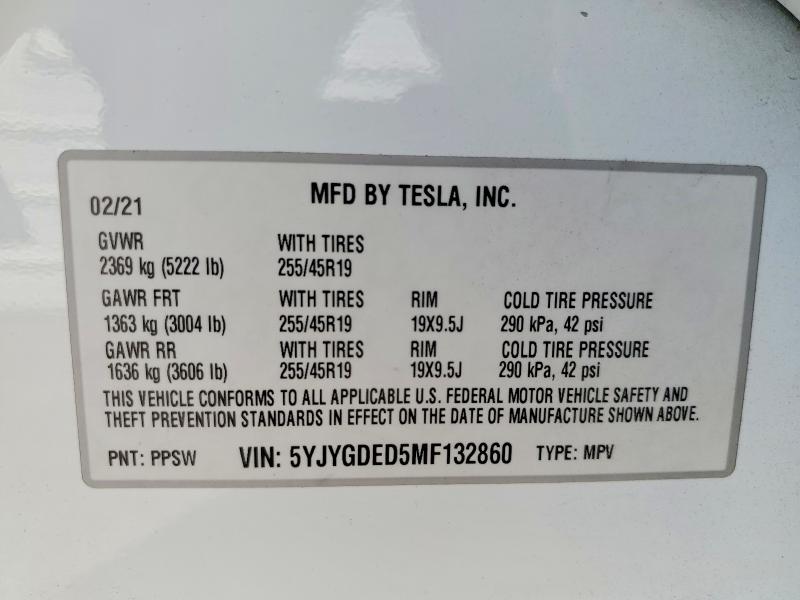 46734816 :رقم المزاد ، 5YJYGDED5MF132860 vin ، 2021 Tesla Model Y مزاد بيع