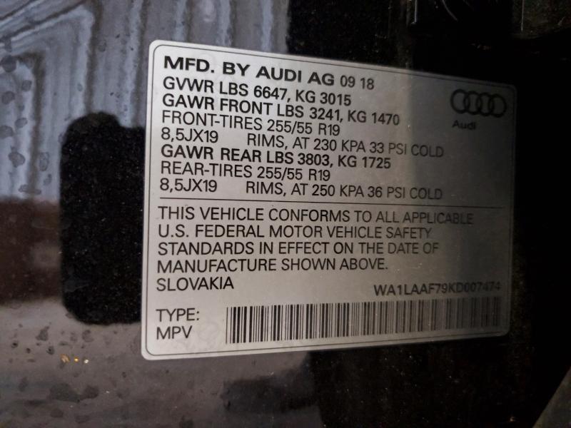 2019 Audi Q7 მანქანა იყიდება აუქციონზე, vin: WA1LAAF79KD007474, აუქციონის ნომერი: 75370755