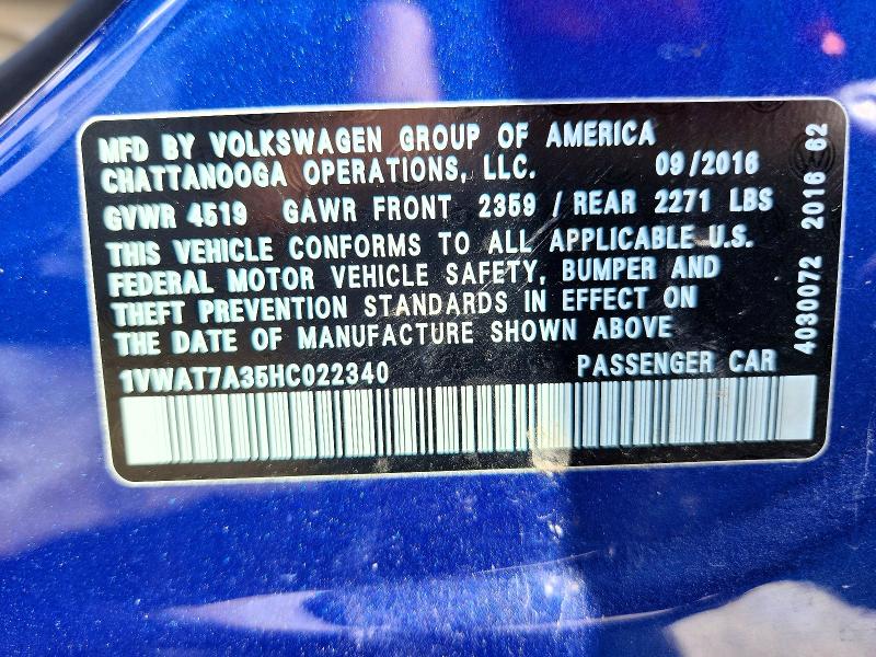 46282136 :رقم المزاد ، 1VWAT7A35HC022340 vin ، 2017 Volkswagen Passat مزاد بيع