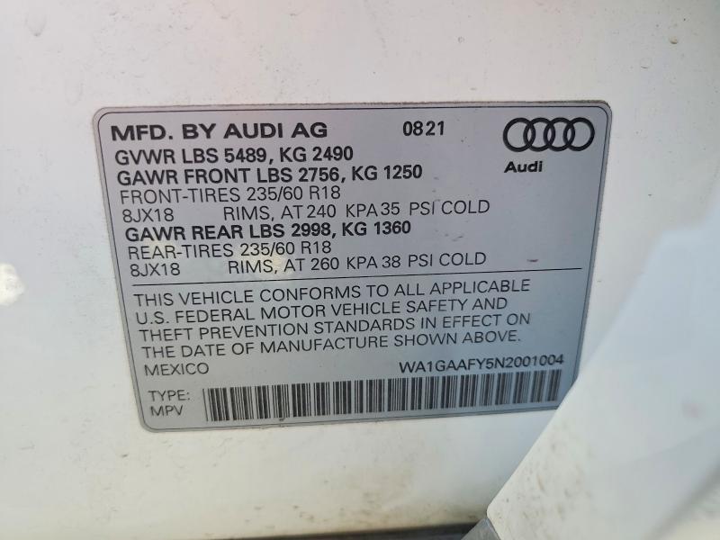 46921026 :رقم المزاد ، WA1GAAFY5N2001004 vin ، 2022 Audi Q5 مزاد بيع