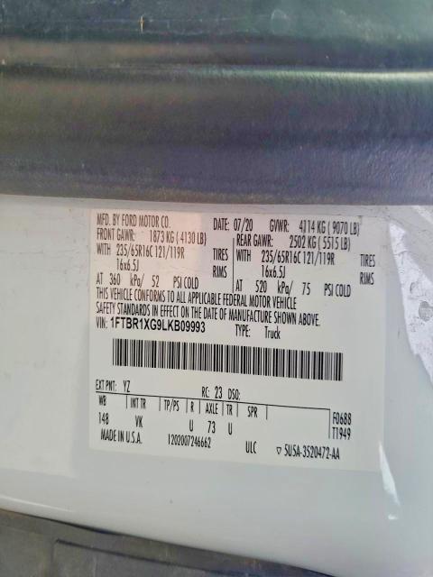 2020 Ford Transit T- მანქანა იყიდება აუქციონზე, vin: 1FTBR1XG9LKB09993, აუქციონის ნომერი: 97529005
