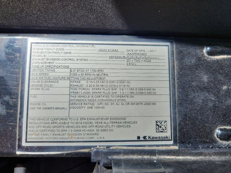 46732326 :رقم المزاد ، JKBAFSC12JB509893 vin ، 2018 Kawasaki Kaf820 مزاد بيع