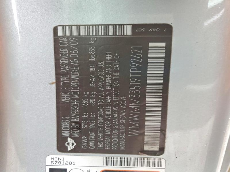 Auction sale of the 2009 Mini Cooper, vin: WMWMM33519TP92621, lot number: 46887166