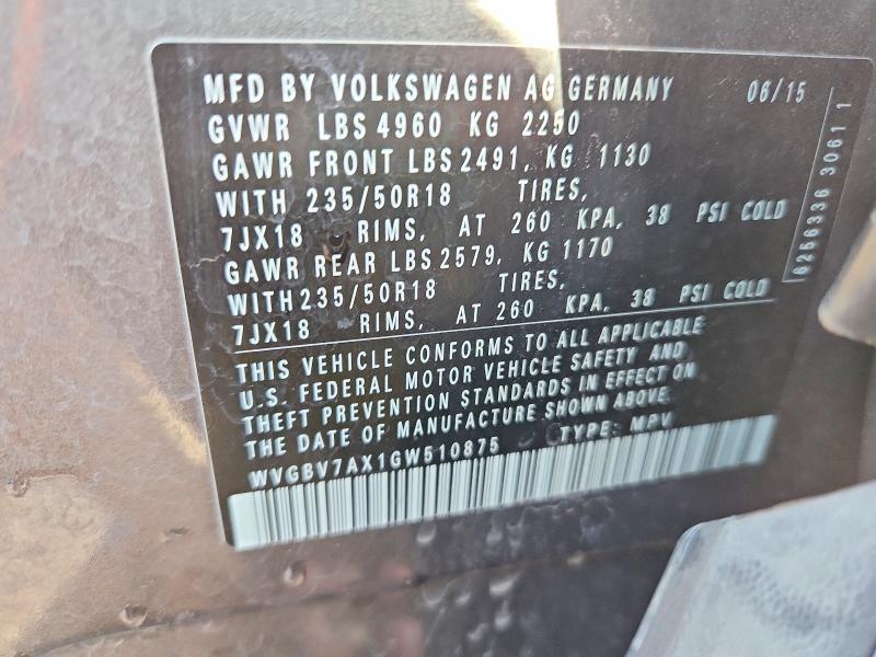 2016 Volkswagen Tiguan მანქანა იყიდება აუქციონზე, vin: WVGBV7AX1GW510875, აუქციონის ნომერი: 45870826