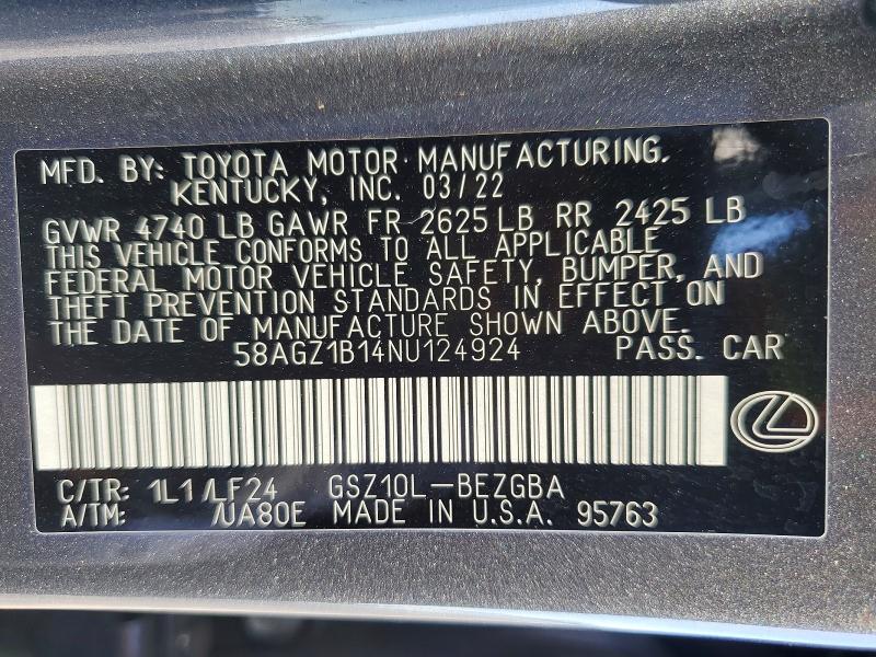 2022 Lexus Es 350 მანქანა იყიდება აუქციონზე, vin: 58AGZ1B14NU124924, აუქციონის ნომერი: 78500395