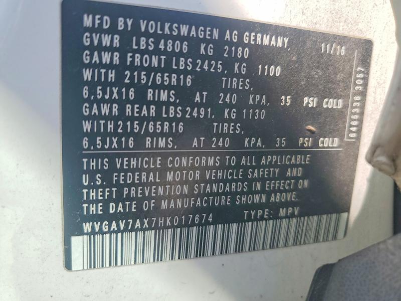 46808736 :رقم المزاد ، WVGAV7AX7HK017674 vin ، 2017 Volkswagen Tiguan مزاد بيع
