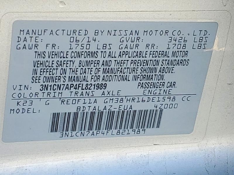 Продажа на аукционе авто 2015 Nissan Versa, vin: 3N1CN7AP4FL821989, номер лота: 46936296
