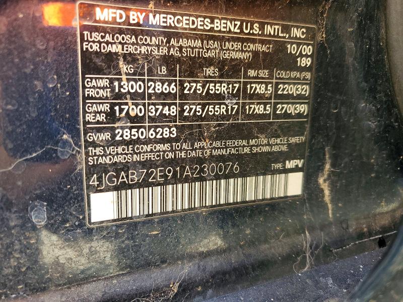 41598236 :رقم المزاد ، 4JGAB72E91A230076 vin ، 2001 Mercedes-benz Ml مزاد بيع