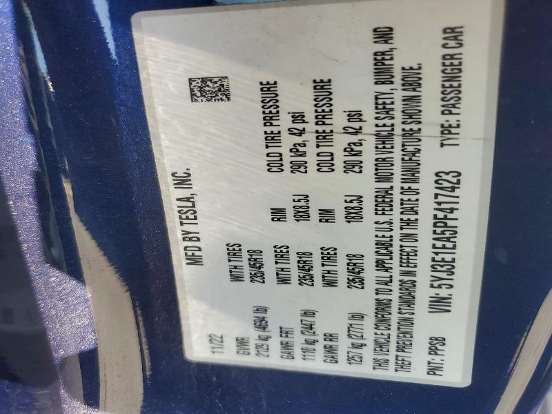 Продаж на аукціоні авто 2023 Tesla Model 3, vin: 5YJ3E1EA5PF417423, номер лоту: 79770525