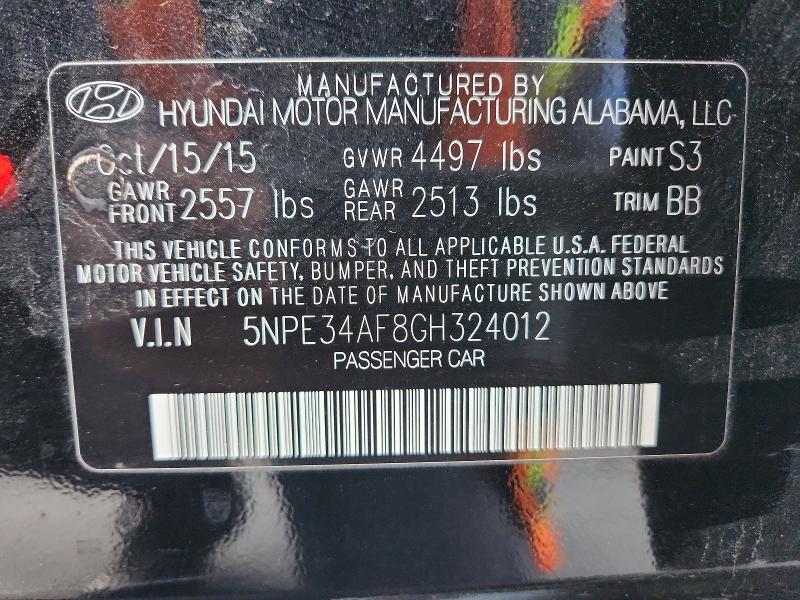 2016 Hyundai Sonata მანქანა იყიდება აუქციონზე, vin: 5NPE34AF8GH324012, აუქციონის ნომერი: 46564876