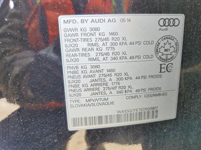 45788496 :رقم المزاد ، WA1DGCFE7ED020807 vin ، 2014 Audi Q7 مزاد بيع
