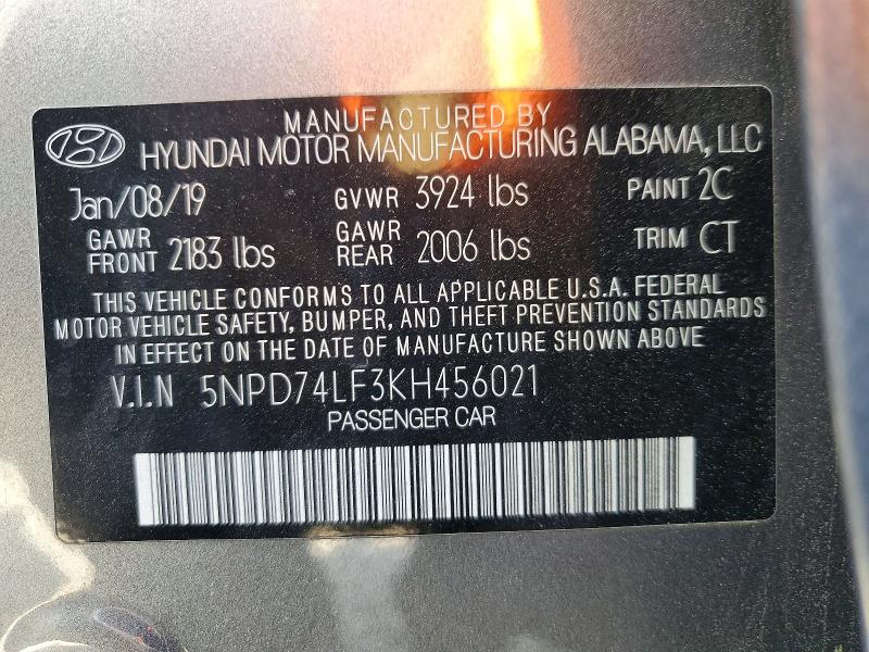 47690406 :رقم المزاد ، 5NPD74LF3KH456021 vin ، 2019 Hyundai Elantra مزاد بيع