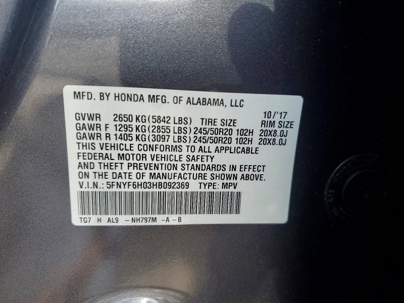 Продаж на аукціоні авто 2017 Honda Pilot, vin: 5FNYF6H03HB092369, номер лоту: 46616556