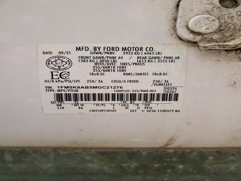 Продаж на аукціоні авто 2021 Ford Explorer, vin: 1FM5K8AB5MGC21276, номер лоту: 46738476