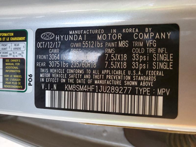 Продажа на аукционе авто 2018 Hyundai Santa Fe, vin: KM8SM4HF1JU289277, номер лота: 47926386
