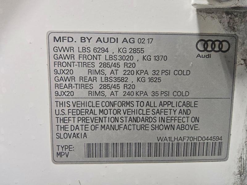 75389565 :رقم المزاد ، WA1LHAF70HD044594 vin ، 2017 Audi Q7 مزاد بيع