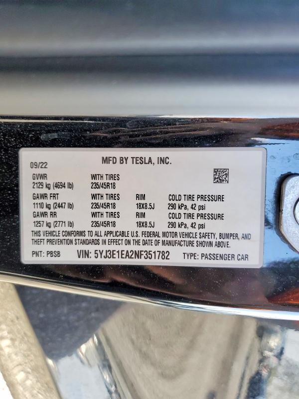 2022 Tesla Model 3 მანქანა იყიდება აუქციონზე, vin: 5YJ3E1EA2NF351782, აუქციონის ნომერი: 47537086