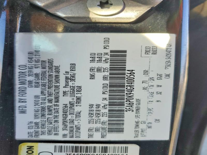 41920266 :رقم المزاد ، 3FA6P0K94GR400564 vin ، 2016 Ford Fusion مزاد بيع
