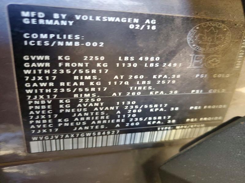 47365846 :رقم المزاد ، WVGJV7AX7GW584927 vin ، 2016 Volkswagen Tiguan مزاد بيع