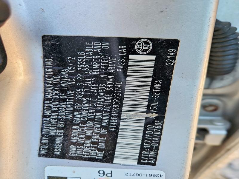 46708786 :رقم المزاد ، 4T4BF1FK8CR221740 vin ، 2012 Toyota Camry مزاد بيع