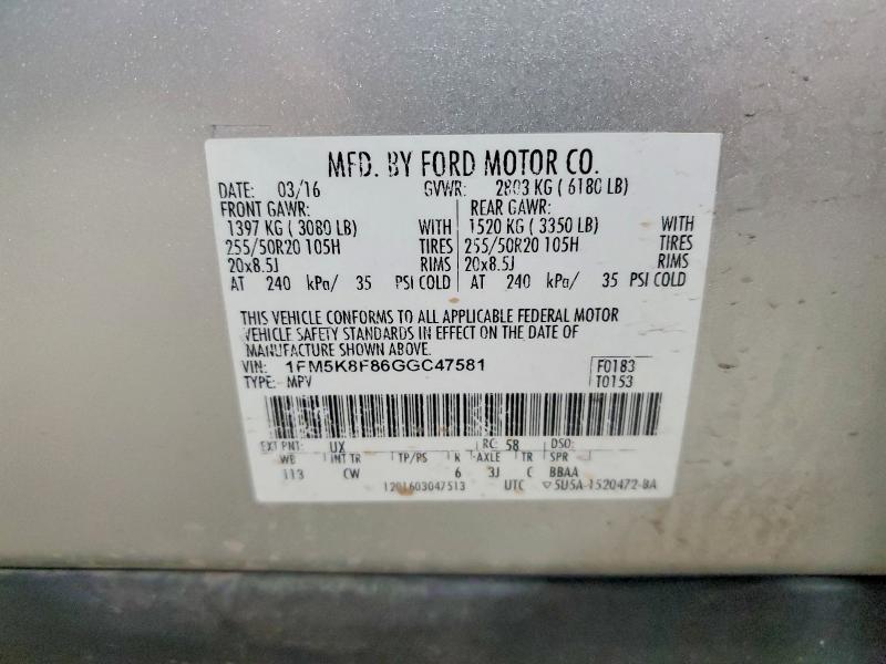 41735756 :رقم المزاد ، 1FM5K8F86GGC47581 vin ، 2016 Ford Explorer مزاد بيع