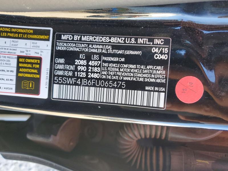 41966046 :رقم المزاد ، 55SWF4JB6FU065475 vin ، 2015 Mercedes-benz C مزاد بيع