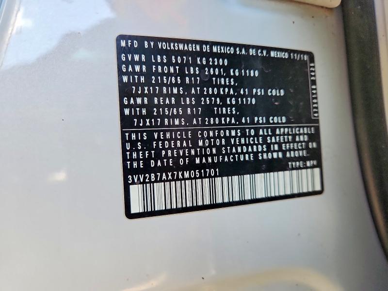 45805756 :رقم المزاد ، 3VV2B7AX7KM051701 vin ، 2019 Volkswagen Tiguan مزاد بيع