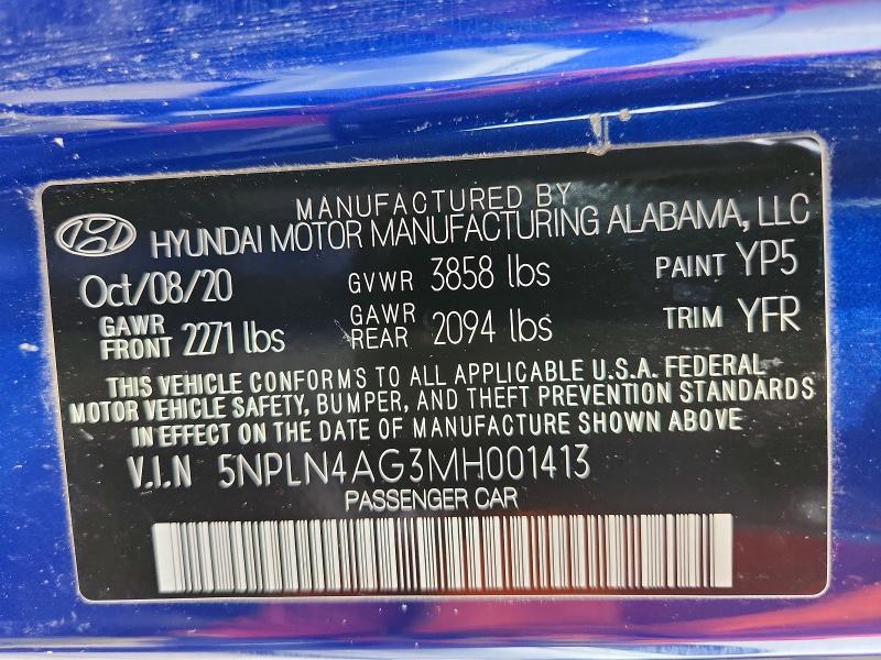 2021 Hyundai Elantra მანქანა იყიდება აუქციონზე, vin: 5NPLN4AG3MH001413, აუქციონის ნომერი: 47818086