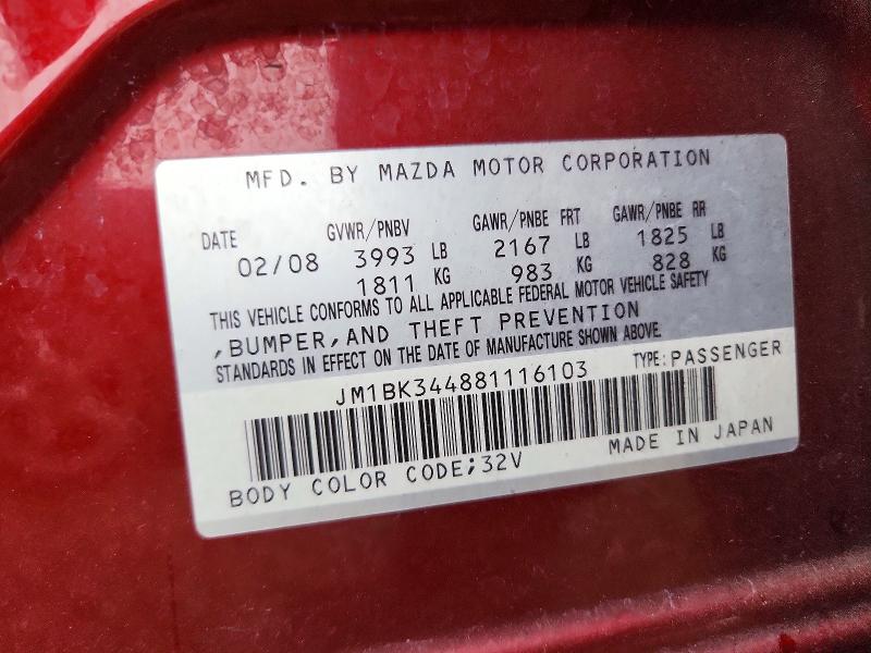 Aukcja sprzedaży 2008 Mazda 3, vin: JM1BK344881116103, numer aukcji: 48354736