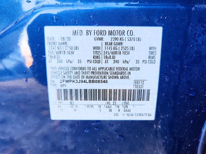 2020 Ford Edge მანქანა იყიდება აუქციონზე, vin: 2FMPK3J94LBB08546, აუქციონის ნომერი: 46484716