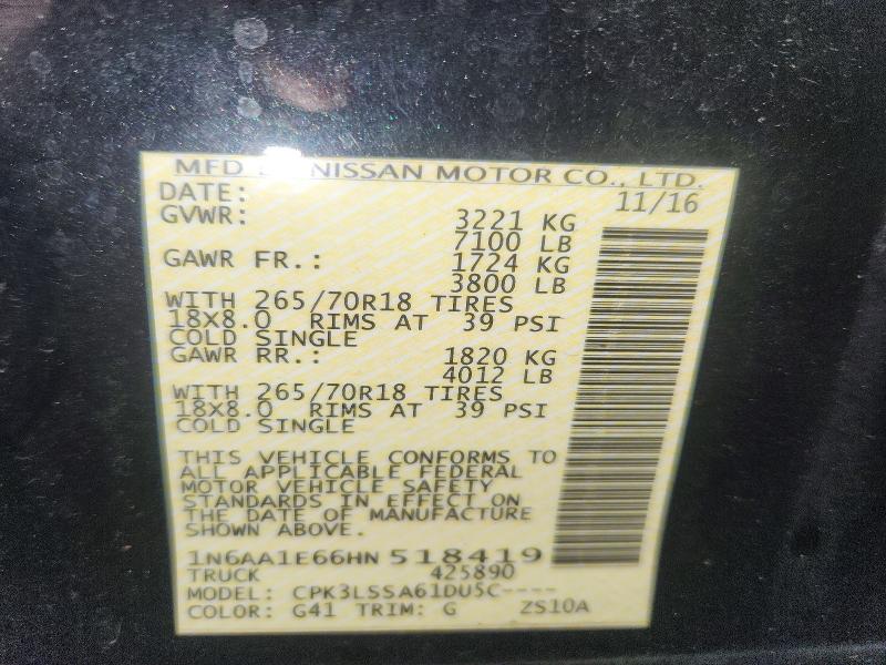 Aukcja sprzedaży 2017 Nissan Titan, vin: 1N6AA1E66HN518419, numer aukcji: 46276246