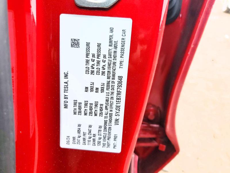 Aukcja sprzedaży 2024 Tesla Model 3, vin: 5YJ3E1EB7RF793648, numer aukcji: 46776706