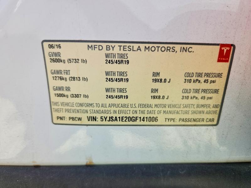 47630026 :رقم المزاد ، 5YJSA1E20GF141006 vin ، 2016 Tesla Model S مزاد بيع