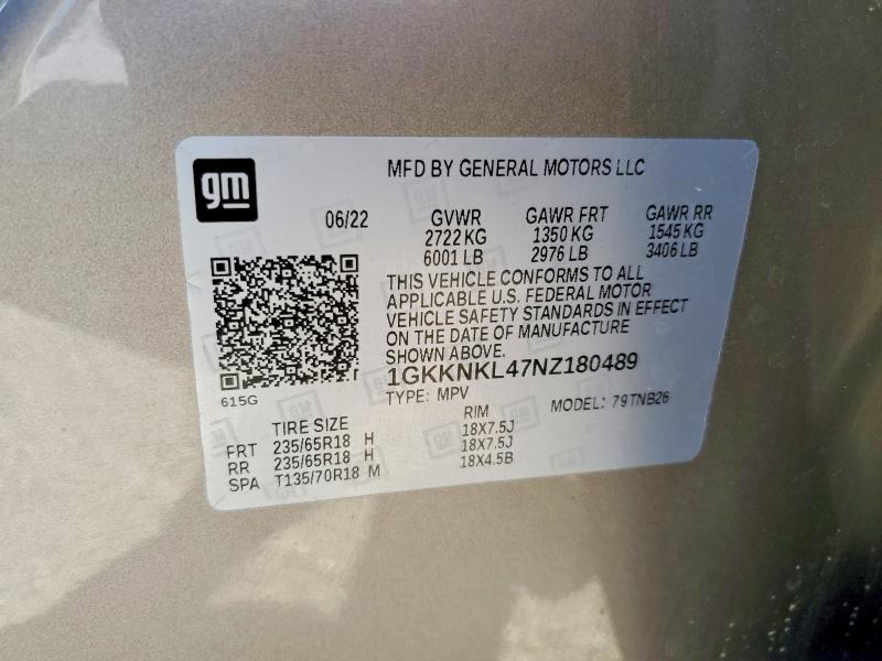 47506336 :رقم المزاد ، 1GKKNKL47NZ180489 vin ، 2022 Gmc Acadia مزاد بيع