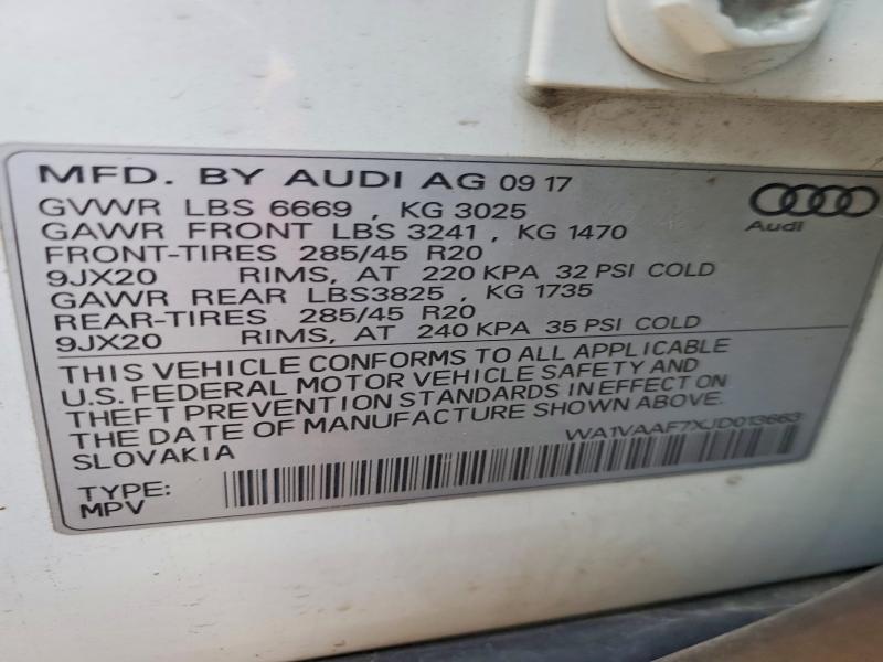 2018 Audi Q7 მანქანა იყიდება აუქციონზე, vin: WA1VAAF7XJD013663, აუქციონის ნომერი: 46855626