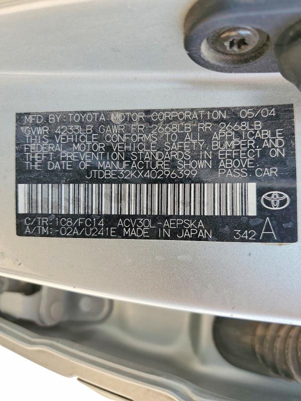 Продаж на аукціоні авто 2004 Toyota Camry, vin: JTDBE32KX40296399, номер лоту: 46586366
