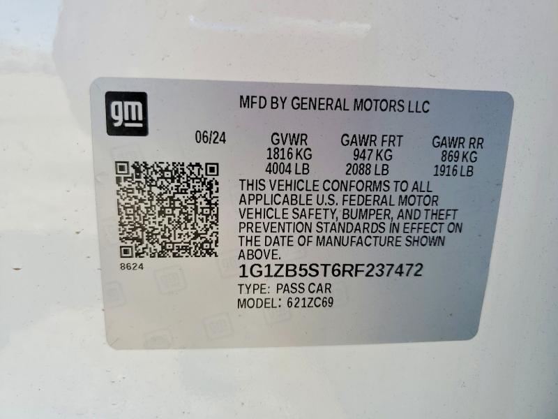 Продажа на аукционе авто 2024 Chevrolet Malibu, vin: 1G1ZB5ST6RF237472, номер лота: 46117496