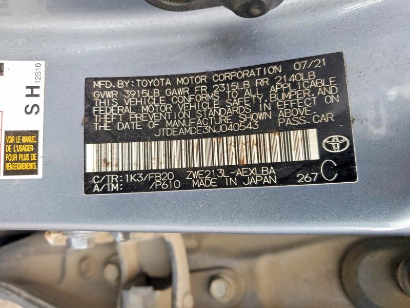 Продаж на аукціоні авто 2022 Toyota Corolla Hybrid, vin: JTDEAMDE3NJ040543, номер лоту: 78826315
